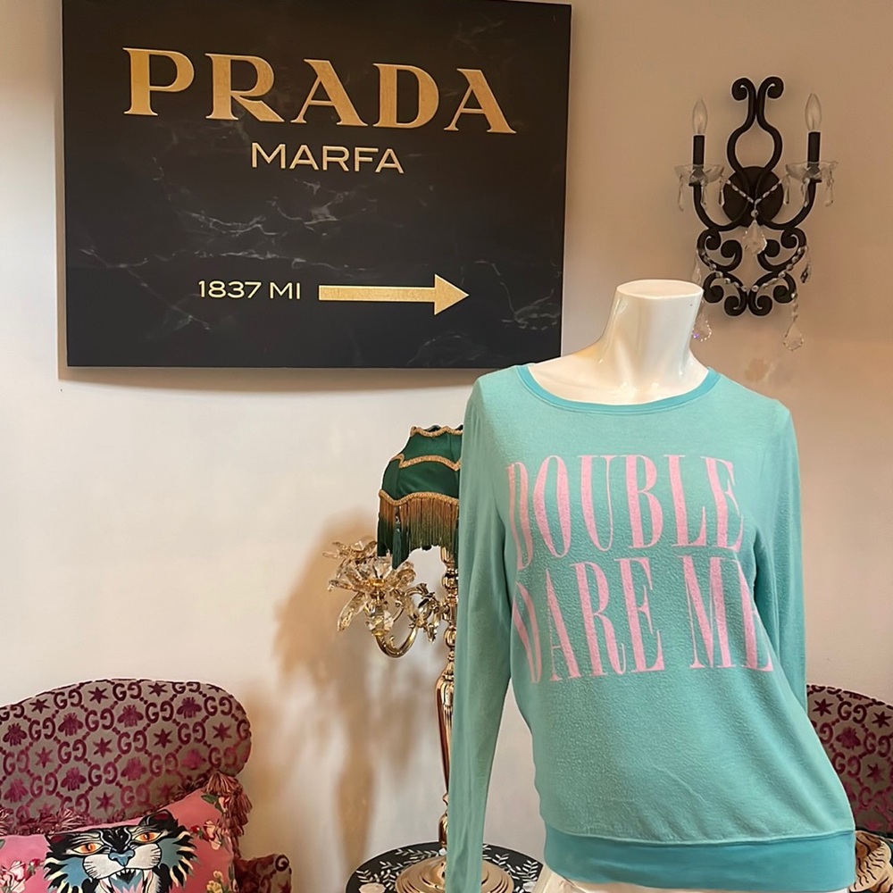 Wildfox Mint Sweatshirt with Pink "DOUBLE DARE ME" Graphic